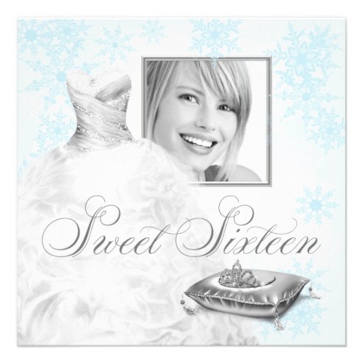Winter Blue Snowflake Photo Sweet Sixteen Party Personalized Announcements