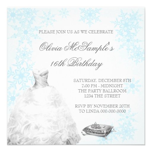 Winter Blue Snowflake Photo Sweet Sixteen Party Personalized Announcements