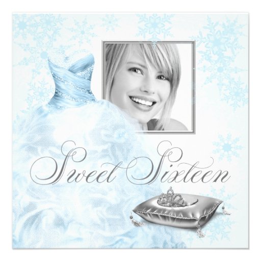Winter Blue Snowflake Photo Sweet Sixteen Party Personalized Invites
