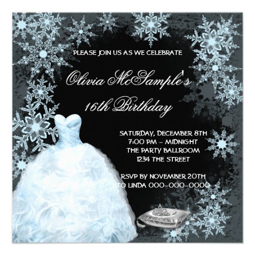 Winter Blue Snowflake Sweet Sixteen Party Announcements