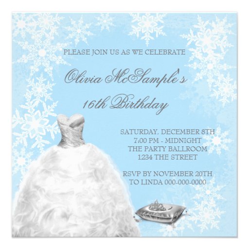 Winter Blue Snowflake Sweet Sixteen Party Announcement