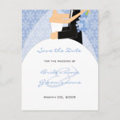 Winter Bride and Groom Save the Date postcards blue snowflakes