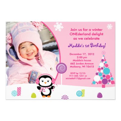 Winter Candy Penguin Birthday Invitations