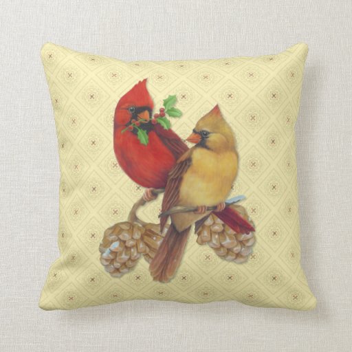 Winter Cardinals Pine and Holly Pillow Zazzle