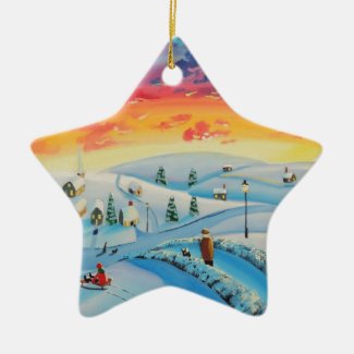 Winter Christmas village painting by Gordon Bruce Double-Sided Star Ceramic Christmas Ornament