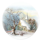 round_sticker - Lovely winter scene shows a snow covered church with a blue sky and leafless tree. Great winter or holiday sticker theme.: Sizes 