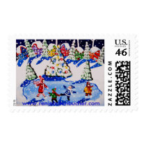 Winter Fun Folk Art Kids Skating postage by reniebritenbucher Winter Fun Folk Art Kids Skating postage