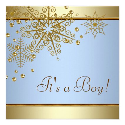 Winter Gold Blue Snowflakes Baby Boy Shower Custom Invitation