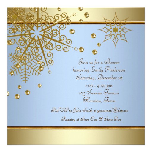 Winter Gold Blue Snowflakes Baby Boy Shower Custom Invitation