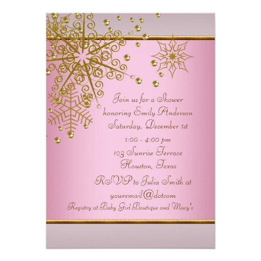 Winter Gold Pink Snowflakes Baby Girl Shower Custom Announcements