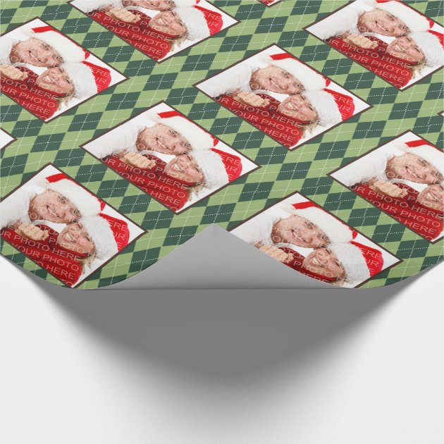 Winter green argyle pattern custom photo holiday wrapping paper 4/4