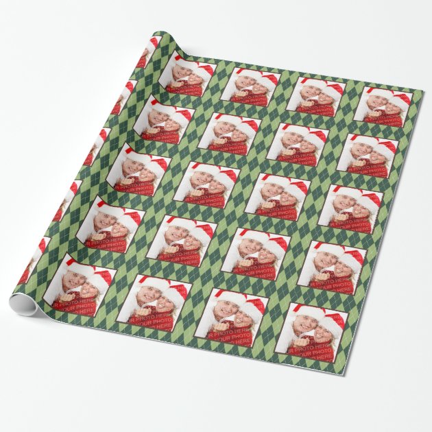 Winter green argyle pattern custom photo holiday wrapping paper