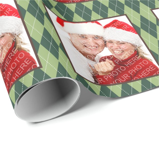 Winter green argyle pattern custom photo holiday wrapping paper 3/4