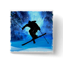 Winter Landscape and Freestyle Skier Pinback Buttons