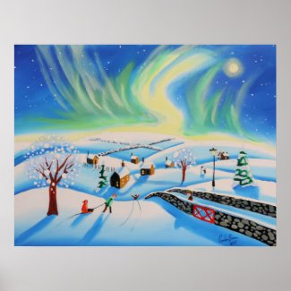 Winter landscape with Northern Lights Poster