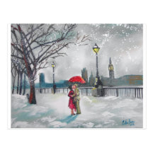 Winter lovers snow London Thames Big Ben painting Post Cards