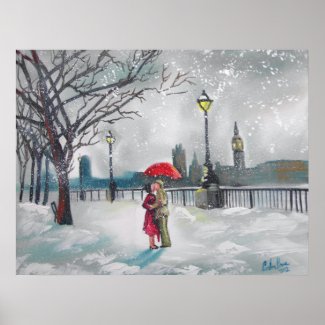 Winter lovers snow London Thames Big Ben painting Poster
