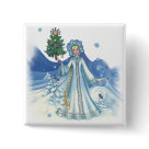 square_button - Soft blue tones set the mood for this delightful winter fairy. She hold a small Christmas tree and the wind is blowing lovely swirls of snow and snowflakes about her. A vintage touch of fantasy for the holiday season.: Sizes 