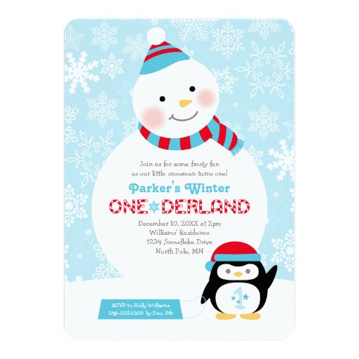 Winter ONEderland Birthday | Snowman and Penguin Card (front side)