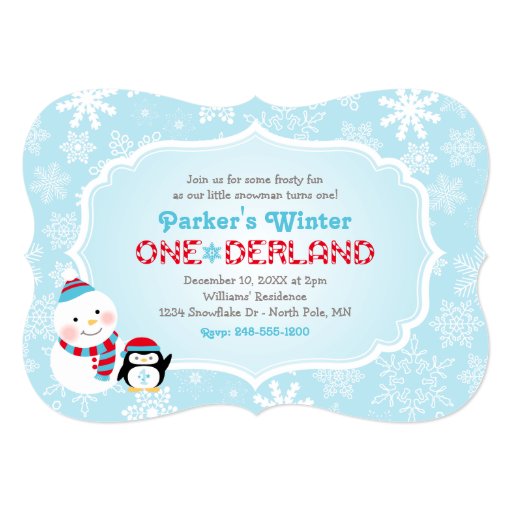 Winter ONEderland Birthday | Snowman and Penguin Custom Invite (front side)