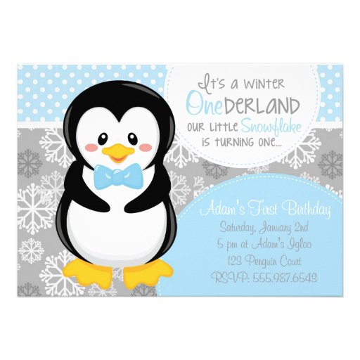 Winter ONEderland Blue Penguin Invitation (front side)