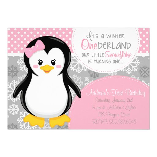 Winter ONEderland Pink Penguin Invitation (front side)