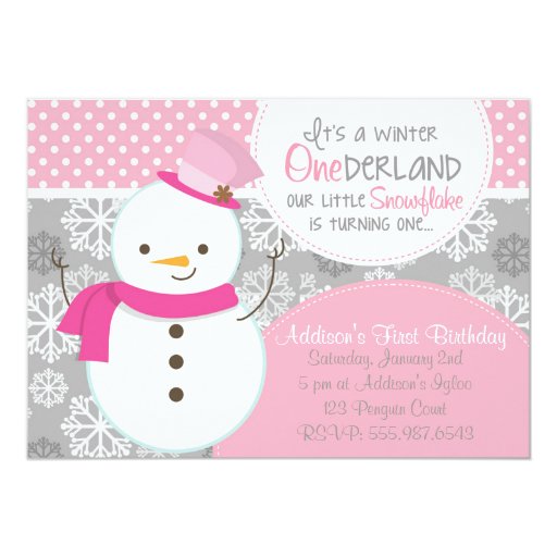 Winter ONEderland Pink Snowman Invitation (front side)