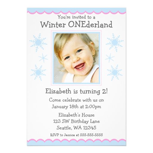 Winter Onederland Snowflakes Photo Birthday Party Announcements