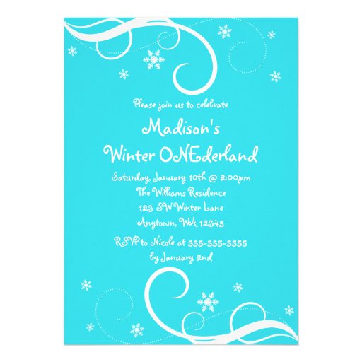 Winter ONEderland Teal Swirl Snowflakes Personalized Announcement