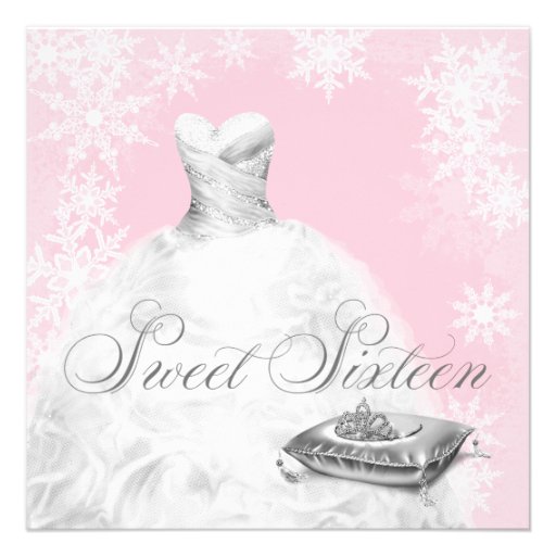 Winter Pink Snowflake Sweet Sixteen Party Custom Announcement