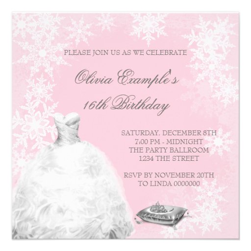 Winter Pink Snowflake Sweet Sixteen Party Custom Announcement