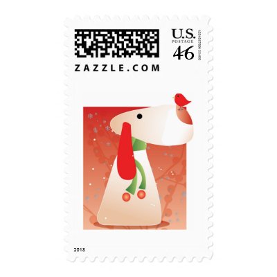Winter Pup Bird Postage Stamp by Okaggi