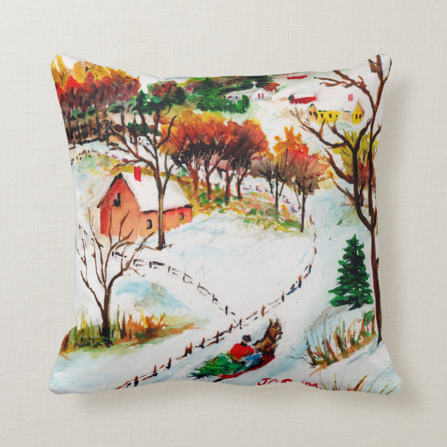 Winter Sleigh Ride Mountain Christmas Watercolor Throw Pillows