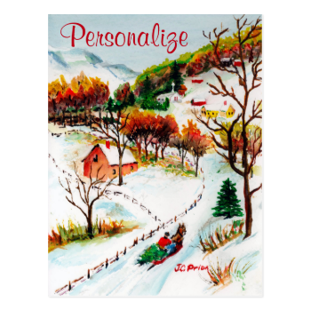 Winter Sleigh Ride Mountain Christmas Watercolor Postcard