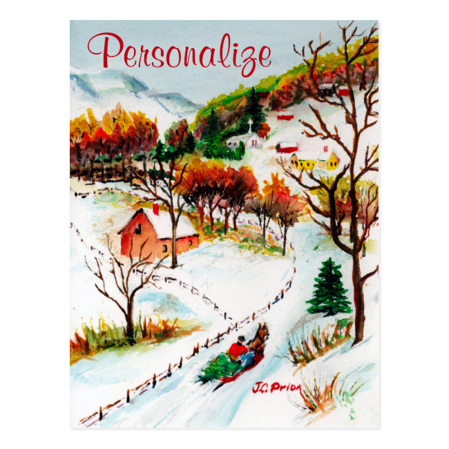 Winter Sleigh Ride Mountain Christmas Watercolor Postcard