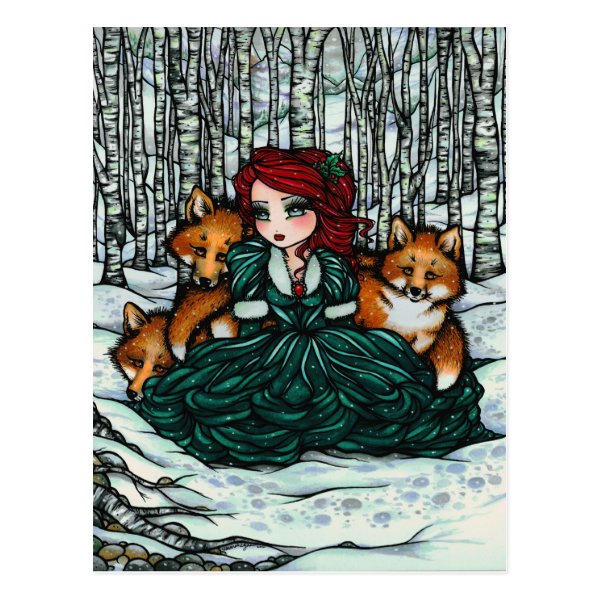 Winter Snow Foxes Forest Girl Fantasy Art Postcard
