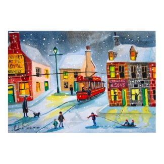 Winter snow scene red tram people town village print