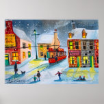 Winter snow scene red tram people town village posters
