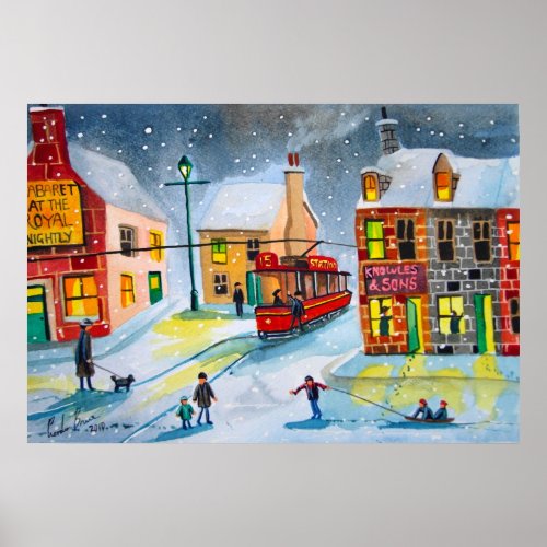 Winter snow scene red tram people town village print