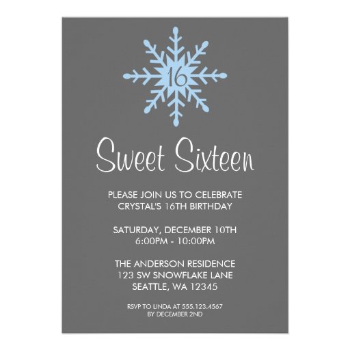 Winter Snowflake Sweet 16 Birthday Party Custom Invite