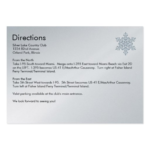 Winter Snowflakes Wedding Directions Enclosure Business Cards (back side)