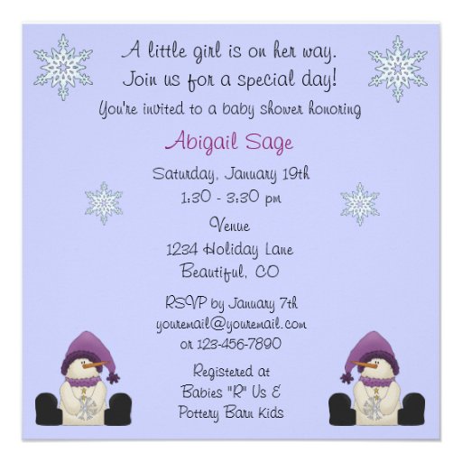 Winter Snowman Baby Shower Invitations for Girls