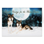 winter solstice greeting card with wolfs and moon