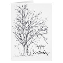 Winter Tree Black Ink Drawing Art Happy Birthday Greeting Cards