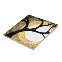 Winter Tree on Gold Background Cross Hatched Tile