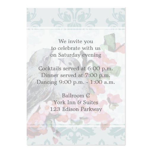 Winter Vintage Birds Wedding Reception Enclosure Business Card Template (back side)
