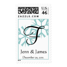 Winter Wedding Monogram F Blue Snowflake Postage
