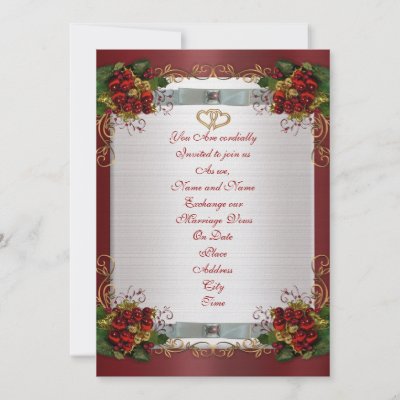 Winter wedding red satin holiday theme invitation with elegant gold and 