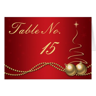 Winter Wedding Table Number Red Gold Baubles Card by Truly Uniquely