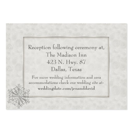Winter White Snowflake Wedding Enclosure Card Business Cards (front side)